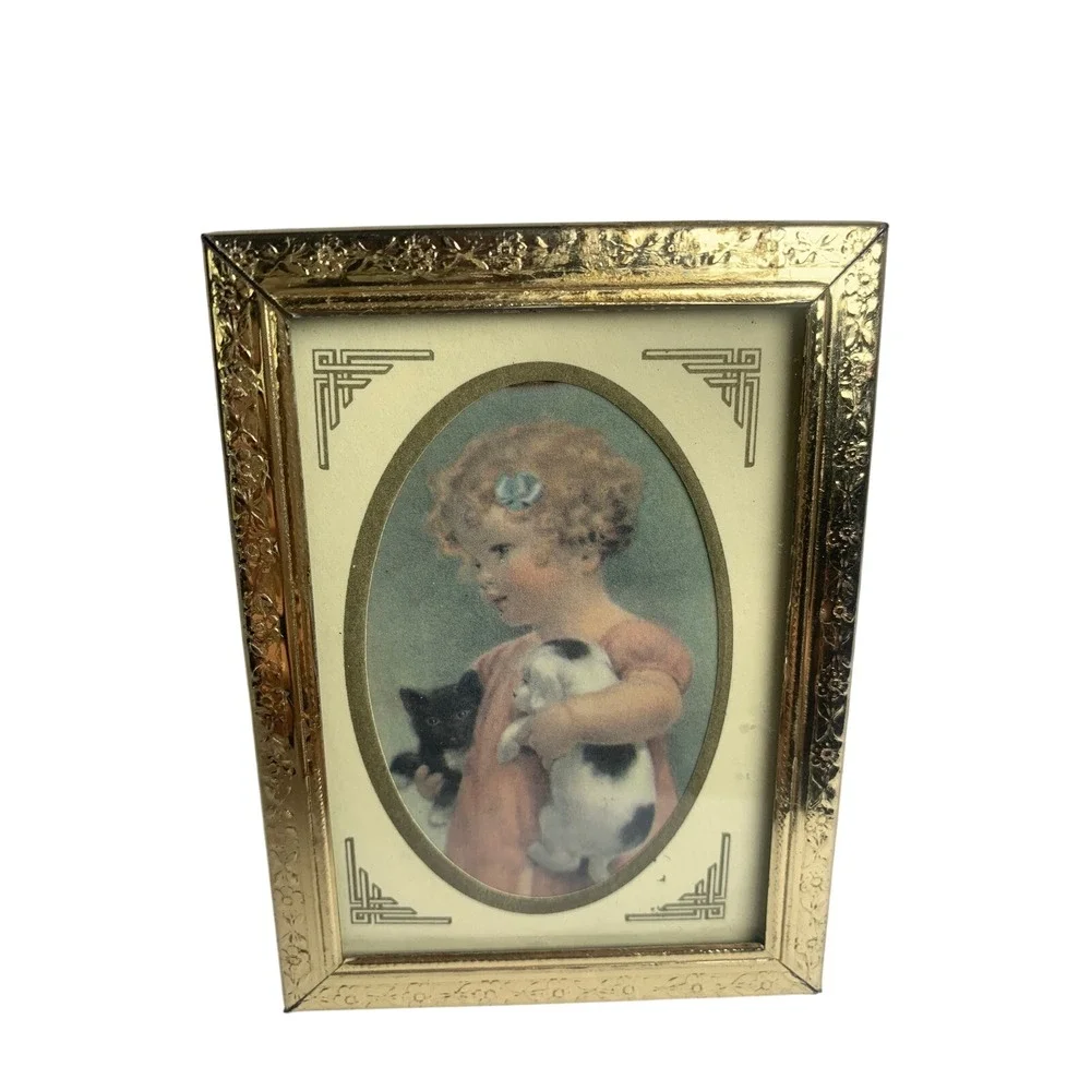 Vintage Decorel Gold Tone Miniature Picture Frame Girl with Puppy‎ and Kitten